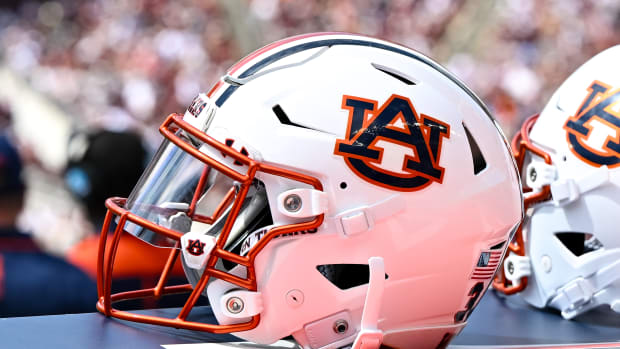 Sep 23, 2023; College Station, Texas, USA; A detailed view of an Auburn Tigers helmet on the sideline of the game against the Texas A&M Aggies at Kyle Field. Mandatory Credit: Maria Lysaker-USA TODAY Sports  